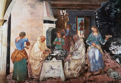 Benedikt fortæller munkene, hvor og hvornår de spiste, mens de var uden for klostret, scene fra Stories of St. Benedict af Luca Signorelli