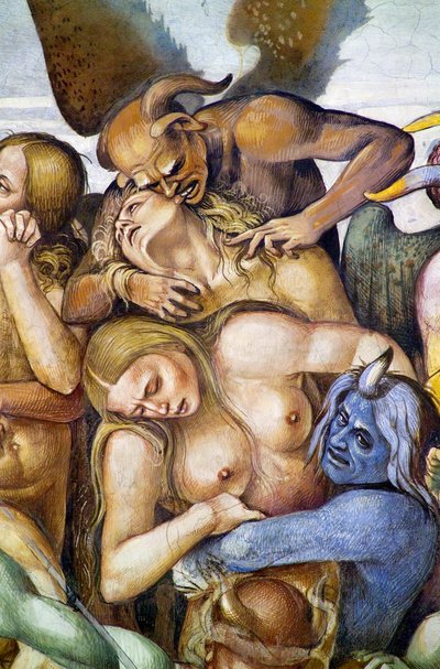Damned in hell, detalje med selvportræt af Luca Signorelli i skikkelse af en blå dæmon, fra Last Judgment fresco-cyklus af Luca Signorelli