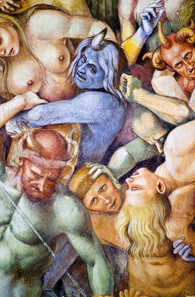Damned in hell, detalje med selvportræt af Luca Signorelli i skikkelse af en blå dæmon, fra Last Judgment fresco-cyklus af Luca Signorelli