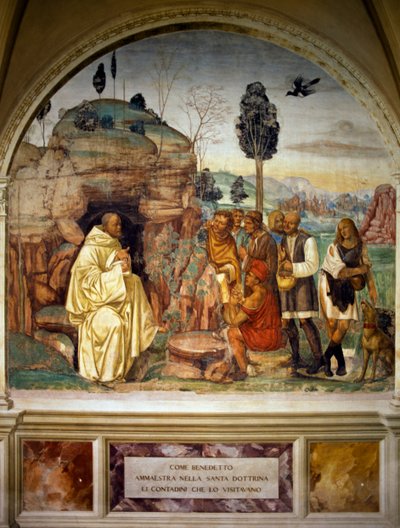 Pave Benedikt underviser bønder i hellig lære, fra historier om Skt. Benedikt af Monte Oliveto Maggiore af Luca Signorelli