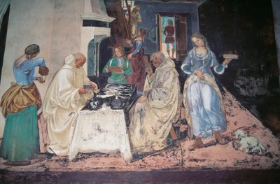 Sankt Benedikt irettesætter to munke, der har overtrådt reglen, scene fra historierne om Sankt Benedikt af Monte Oliveto Maggiore af Luca Signorelli