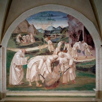 Problemerne med installationer af munkene i Monte cassino, Sankt Benedikt tager en dæmon væk fra en sten, i baggrunden finder munkene et idol i jorden, en anden gruppe kæmper mod ild (Fresco af Luca Signorelli