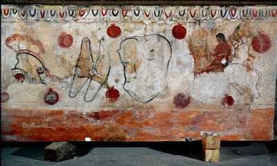 En rytter og de forskellige elementer i hans rustning Lucanian fresco fra det 4. århundrede f.Kr., fra nekropolis i Paestum, Italien. Museo nazionale archeologico, Paestum af Lucanian School