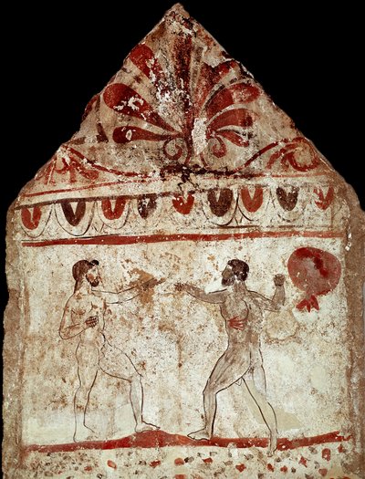 To atleter, der spiller pugilat (boksning) Lucanian fresco fra det 4. århundrede f.Kr., fra nekropolis i Paestum, Italien. Museo nazionale archeologico, Paestum af Lucanian School