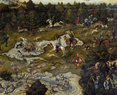 Hunting in honor of Charles V at Torgau Castle in Germany Hunting deer. Detail. Painting by Lucas Cranach the Elderdani af Lucas Cranach