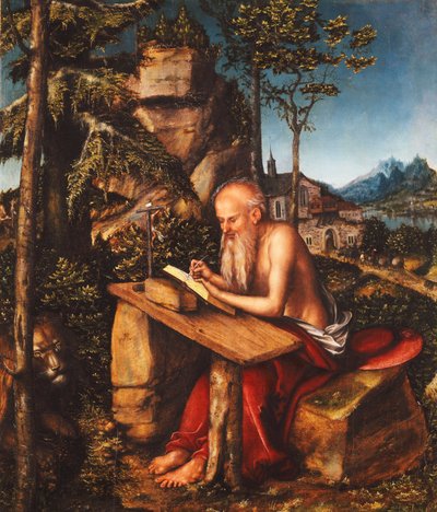 Sankt Jerome skriver i et klippelandskab, ca. 1515 af Lucas Cranach