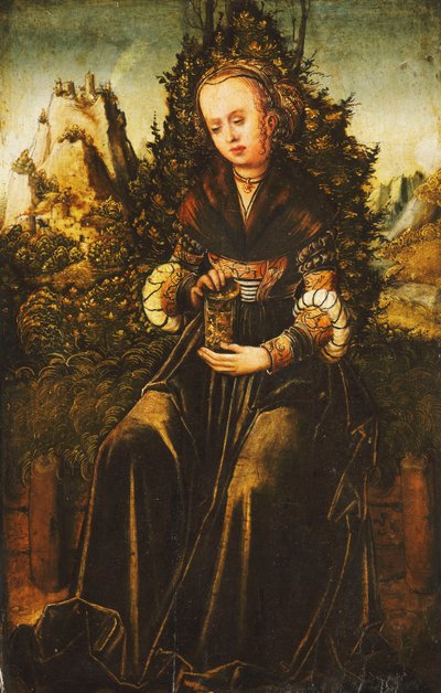Saint Mary Magdalen siddende på en græskant i et bjergrigt landskab, af Lucas Cranach