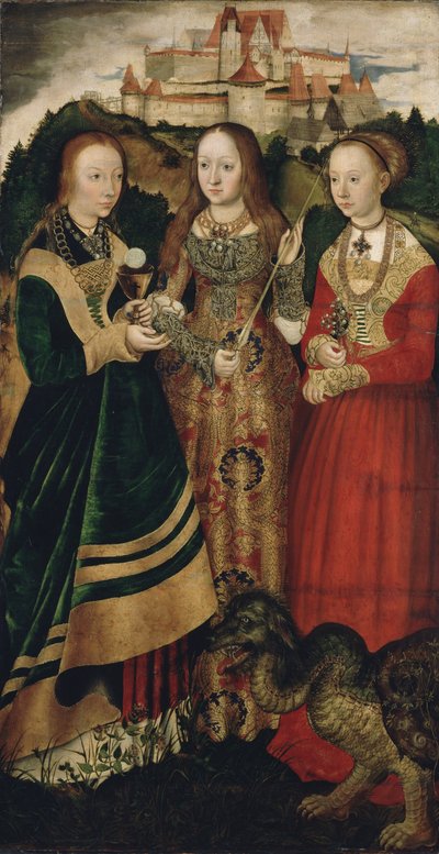 Altertavle med Saint Catharines martyrium, højre fløj: Den hellige Barbara, Ursula og Margaret af Lucas Cranach the Elder