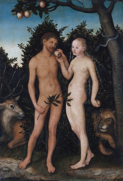 Tysk: Adam und Eva im Paradies (Sündenfall) Adam og Eva i paradiset (Syndefaldet) af Lucas Cranach the Elder