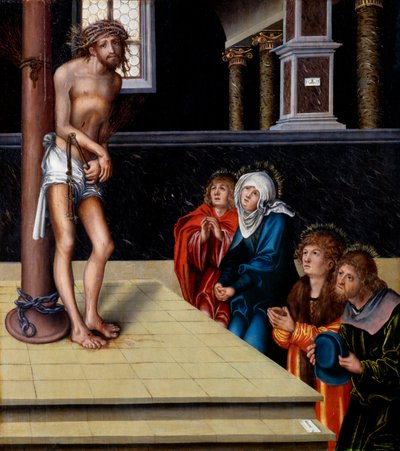 Tysk: Christus als Schmerzensmann an der Geißelsäule Kristus som sorgens mand af Lucas Cranach the Elder