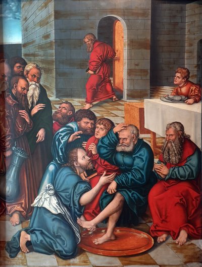 Tysk: Die Fußwaschung der Apostel Passionscyklus: Kristus vasker apostlenes fødder af Lucas Cranach the Elder