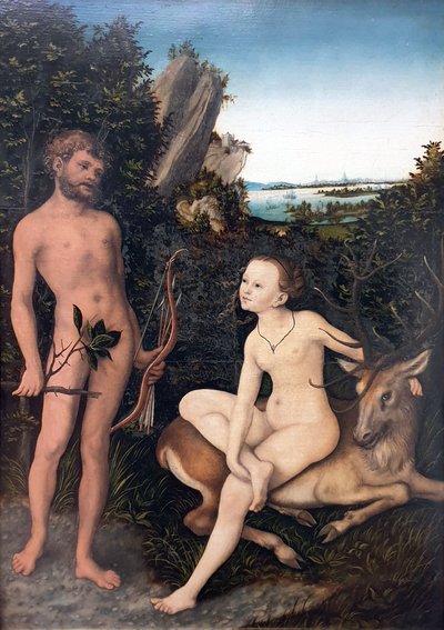 Tysk: Landschaft mit Apoll und Diana Apollo and Diana in wooded landscape af Lucas Cranach the Elder