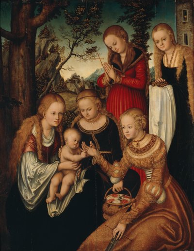 Tysk: Maria mit dem Jesusknaben und den Heiligen Katharina, Dorothea, Margaretha und Barbara (Sogenannte 