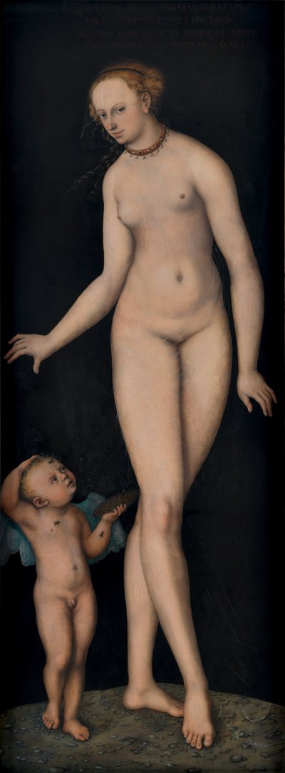 Tysk: Venus mit Amor als Honigdieb vor schwarzem Grund Venus med Amor som honningtyv mod en sort baggrund af Lucas Cranach the Elder