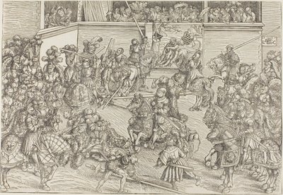 Den anden turnering med et billedtæppe, der viser Samson og løven af Lucas Cranach the Elder
