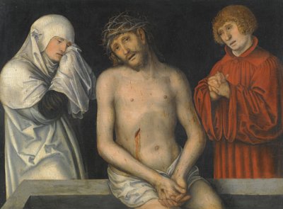 Tysk: Der Schmerzensmann zwischen Maria und Johannes Smertensmanden flankeret af Jomfru Maria og Sankt Johannes af Lucas Cranach the Younger