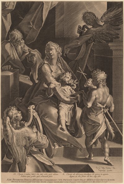 Den hellige familie og to engle af Lucas Kilian, after Bartholomaeus Spranger