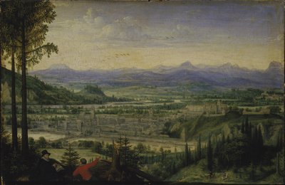 Udsigt over Linz med kunstnertegning i forgrunden, 1593. af Lucas Valckenborch van
