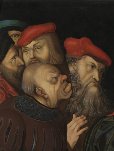 Kristus og kvinden taget i utroskab, detaljer, ca. 1700 (olie på træ) af Lucas the Elder (after) Cranach