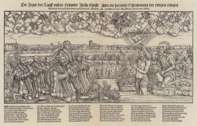 Frederik III, kurfyrst af Sachsen og Martin Luther, der overværer Kristi dåb (gravering;) af Lucas the Elder (after) Cranach