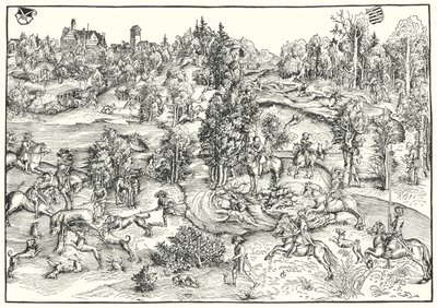 Hjortejagt i en hjortepark eller landskab (gravering) af Lucas the Elder (after) Cranach