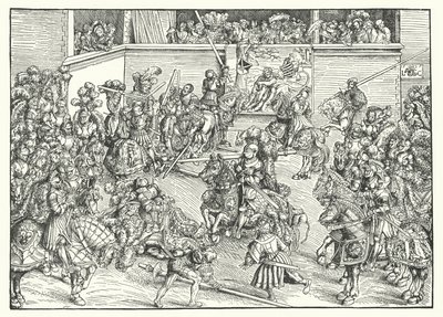 Turneringen med Samsons og løvens billedtæppe (gravering) af Lucas the Elder (after) Cranach
