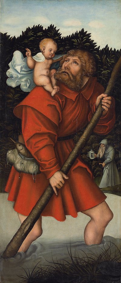 Sankt Christopher bærer Kristusbarnet; og Ærkeenglen Michael, der holder Retfærdighedens Scales (olie på panel) af Lucas the Elder (workshop of) Cranach