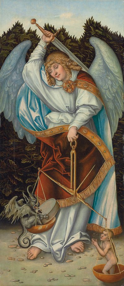 Ærkeenglen Michael, der holder retfærdighedens vægt (olie på panel) af Lucas the Elder (workshop of) Cranach