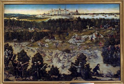 Jagt til ære for Karl V på Torgau Slot i Tyskland Maleri af Lucas Cranach den Ældre (1472-1553) 1544. Madrid. Musee Du Prado - Jagt til ære for Charles V på slottet Torgau i Tyskland. Maleri af Lucas Cranach den ældre (1472-1553) 1544. P af Lucas the Elder Cranach
