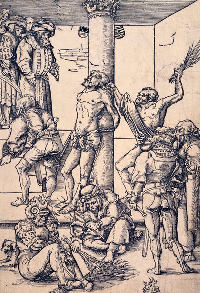 Passion of Christ: the scourging, af Lucas Cranach den Ældre (1472-1553), træsnit af Lucas the Elder Cranach