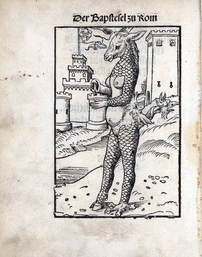 The Bapstesel zu Rom (The Pave Asse eller The Pope Asse of Rome), af Cranach, Lucas, den ældre (1472-1553). Træsnit af Lucas the Elder Cranach