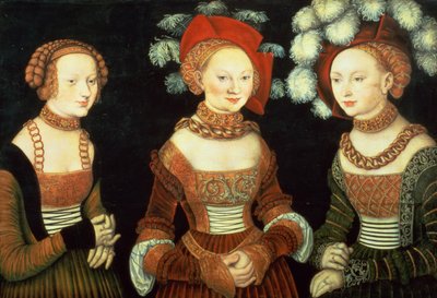 Tre prinsesser af Sachsen, Sibylla (1515-92), Emilia (1516-91) og Sidonia (1518-75), døtre af hertug Heinrich af Frommen, ca. 1535 (panel) af Lucas the Elder Cranach