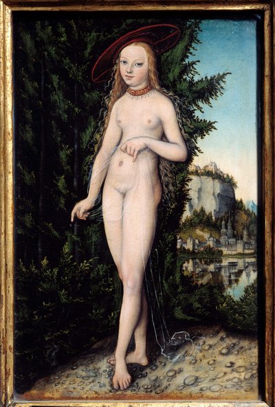 Venus står i et landskabsmaleri af Lucas Cranach den ældre (1472-1553) 1529, Olie på træ, Dim. 0,38x0,25 m - Venus står i et landskab. Maleri af Lucas Cranach den Ældre (1472-1553) af Lucas the Elder Cranach
