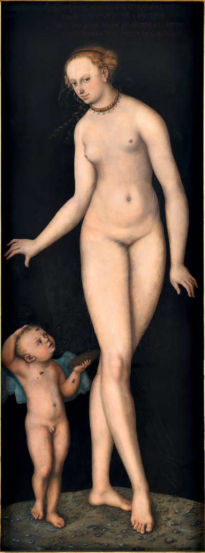 Venus med Amor, honningtyven, af Cranach, Lucas, den ældre (1472-1553). Olie på træ, efter 1537. Mål: 175,4x66,3 cm. Germanisches Nationalmuseum, Nürnberg af Lucas the Elder Cranach