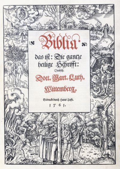 Title page, with a fine pictorial border from "Biblia, das ist: Die gantze heilige Schrifft: Deudsch", translated by Martin Luther, 1560-1561dani af Lucas the Younger Cranach