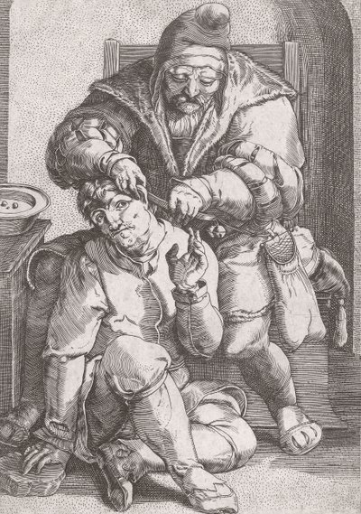Frisørkirurg fra det 17. århundrede, der passer på en patients øre. af Lucas van (after) Leyden