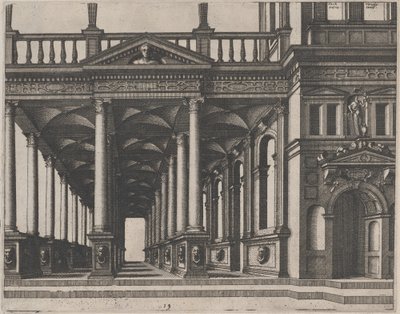 Åben hal understøttet af korintiske søjler af Lucas van Doetechum and Johannes