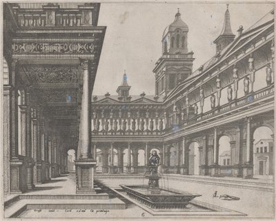 Palace Courtyard med springvand i et rektangulært bassin af Lucas van Doetechum and Johannes