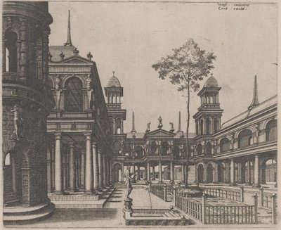 Firkant med en cirkulær bygning til venstre og en obelisk i baggrunden af Lucas van Doetechum and Johannes