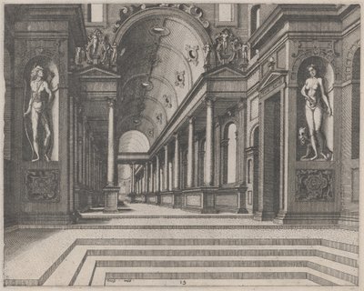 Se i en kirke med korintiske søjler og statuer af Apollo, Melpomene og Moses af Lucas van Doetechum and Johannes