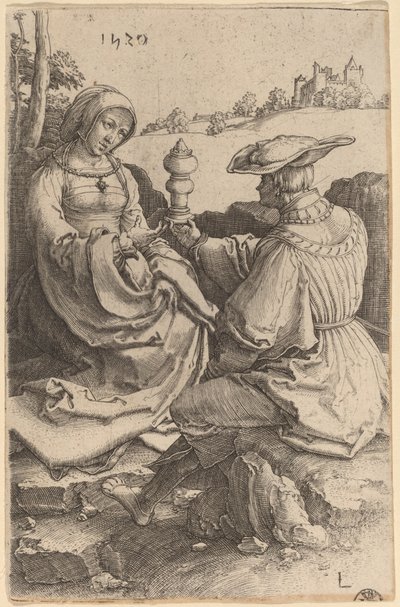En adelsmand og en dame siddende i et landskab af Lucas van Leyden