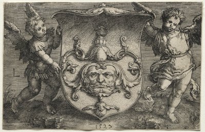 Et skjold med en maske understøttet af to genier af Lucas van Leyden