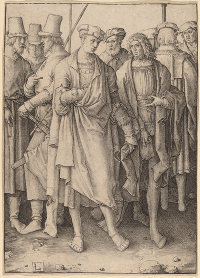 En ung mand med otte bevæbnede mænd af Lucas van Leyden