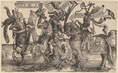 Arthur, Charles den Store (Charlemagne), Godfry af Bouillon af Lucas van Leyden