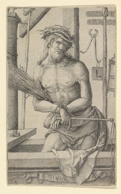 Kristus som sorgens mand med lidenskabens redskaber, 1517. af Lucas van Leyden
