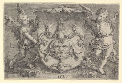 Våbenskjold med maske, holdt af to Genii, 1527. af Lucas van Leyden
