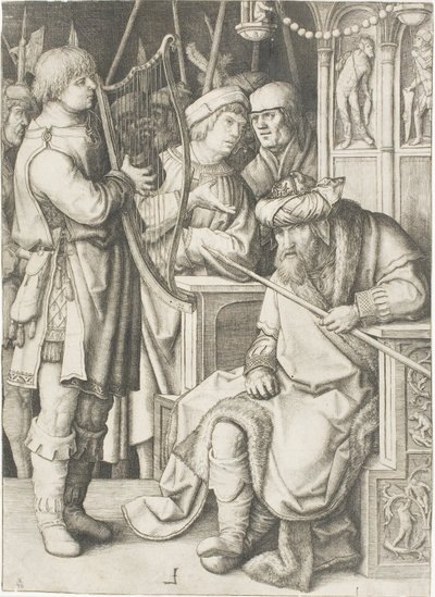 David spiller på harpen før Saul af Lucas van Leyden
