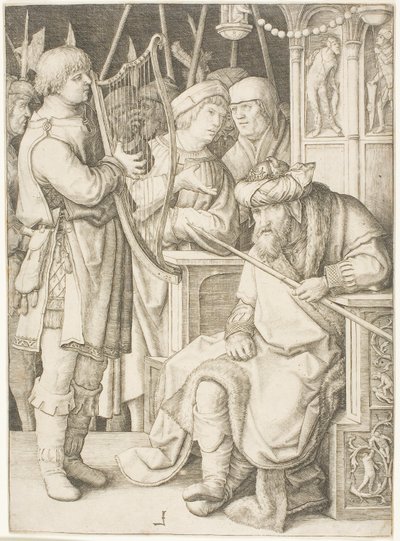 David spiller på harpen før Saul af Lucas van Leyden