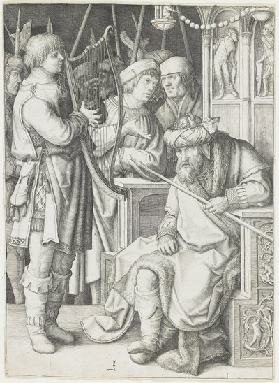 David spiller på harpen før Saul, ca. 1508 af Lucas van Leyden