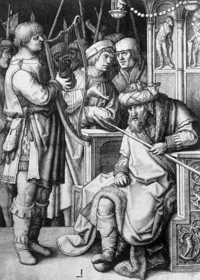 David spiller på harpe foran kong Saul, omkring 1508, af Lucas van Leyden (ca. 1494-1533), gravering af Lucas van Leyden